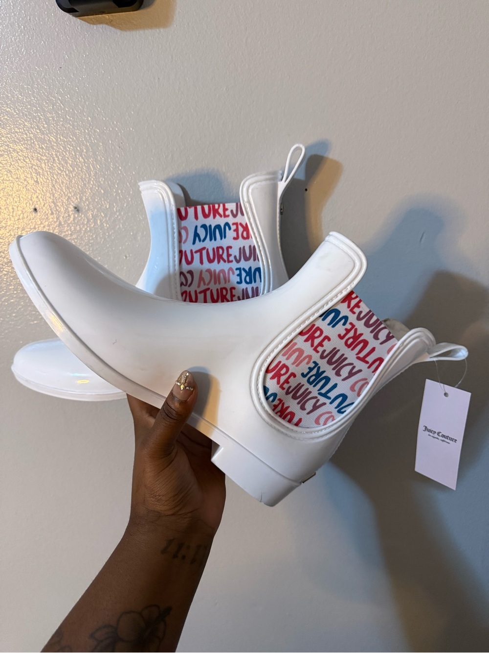 Juicy Couture White Chelsea Rain Boots with Multicolor Logo Panels